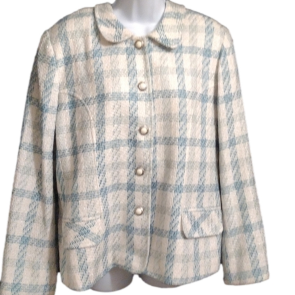 Napa Studio  vintage blue white and grey wool blend plaid blazer